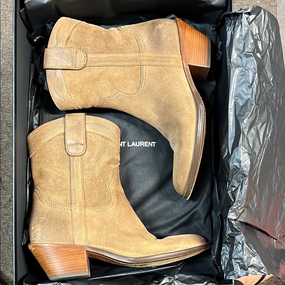 Saint Laurent Camel Suede Mid-Calf Boots